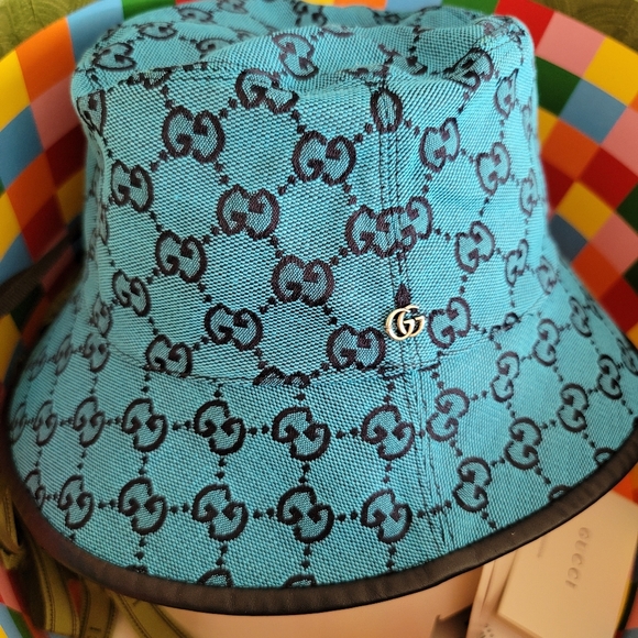Gucci Bucket Hat Blue Canvas Small Size 56 - Picture 3 of 11